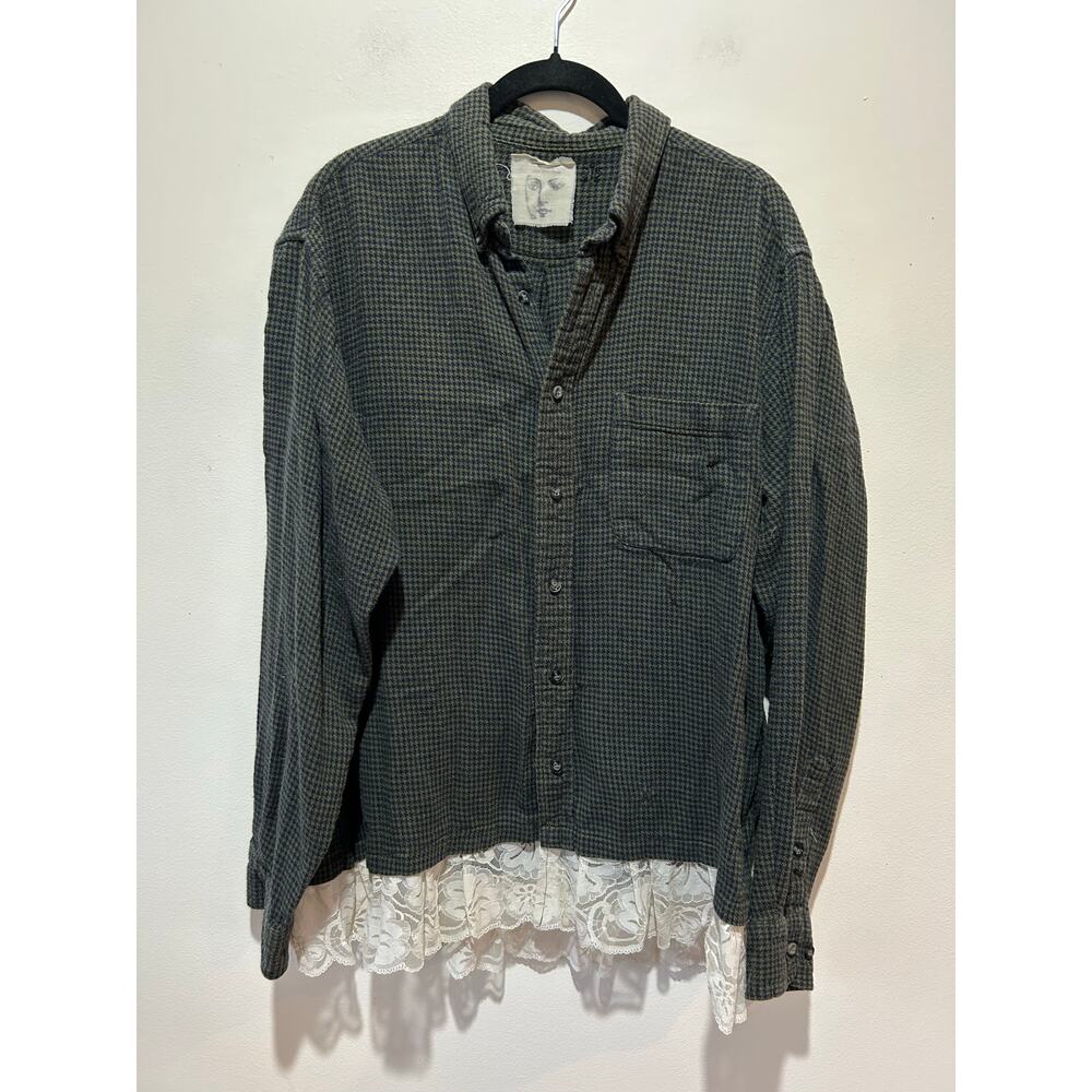 Vintage cotton flannel shirt with lace trim size M upcycled by Three Parts Charm
